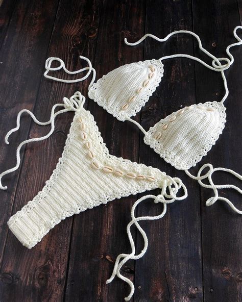 Cream Crochet Bikini With Sea Shells Brazilian Thong Swimsuit Crochet Crochet Swimwear