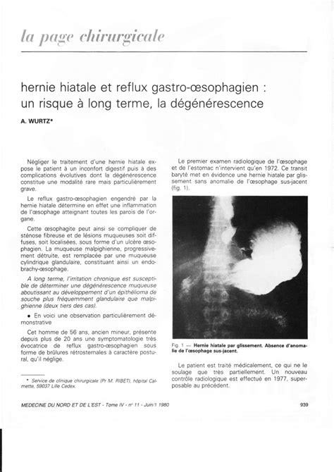 Pdf Hernie Hiatale Et Reflux Gastro Oesophagien Un Risque Long