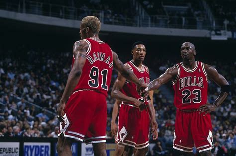 Dennis Rodman Scottie Pippen And Michael Jordan Dennis Rodman