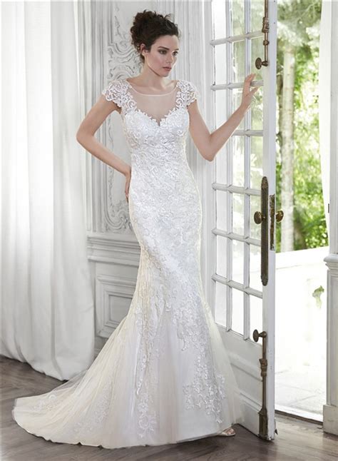 Mermaid Illusion Neckline Open Back Cap Sleeve Lace Wedding Dress