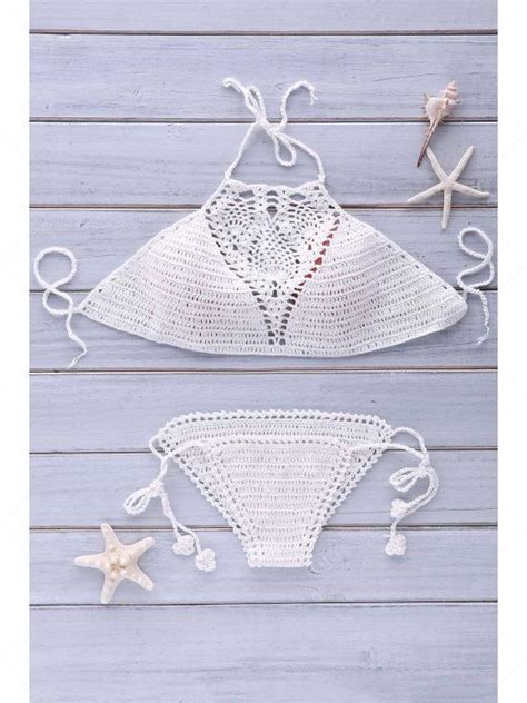 Crochet Halter Lace Up Bikini Set White Bikinis One Size Fit Size Xs