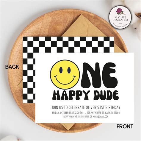 Editable One Happy Dude Preppy St Birthday Invitation Smiley Etsy