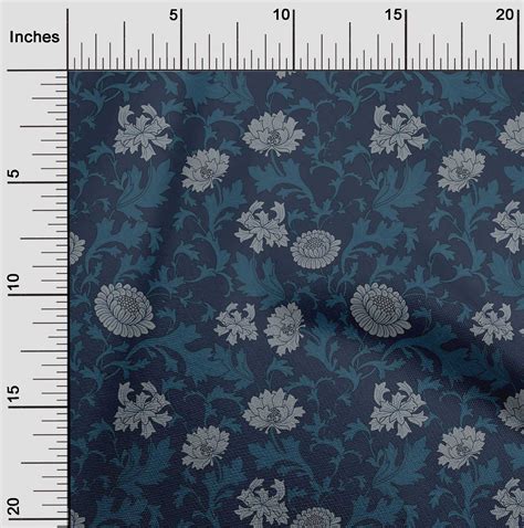 OneOone Silk Tabby Navy Blue Fabric Leaves Floral Artistic Sewing