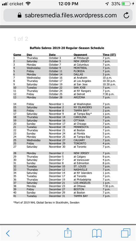 Buffalo Sabres Printable Schedule