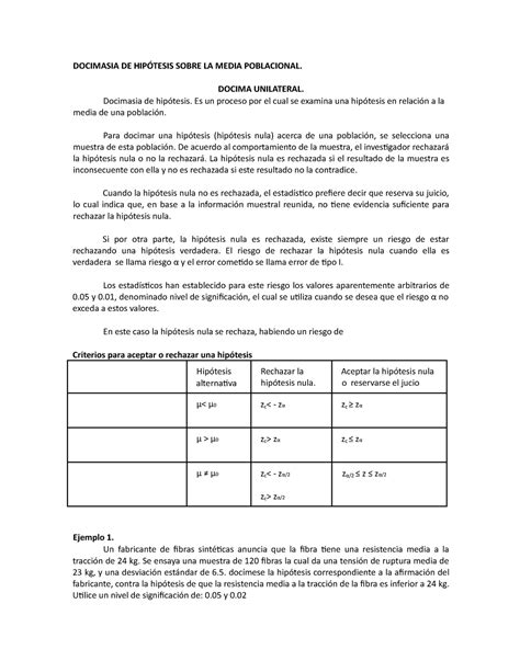 Docimasia De Hip Tesis Sobre La Media Poblacional Docimasia De