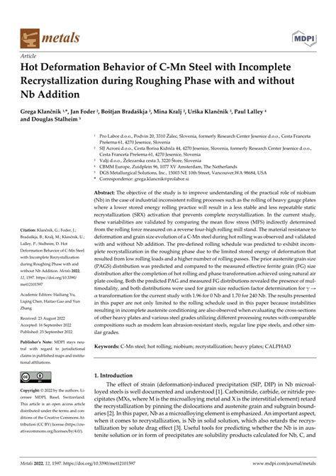 PDF Hot Deformation Behavior Of C Mn Steel With Incomplete Recrystallization During Roughing