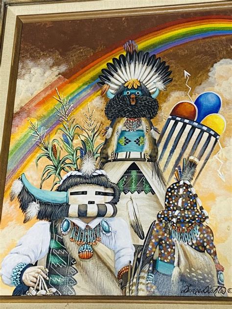 Zuni Duane Dishta Signed Shalako Long Horn Fire God Kachinas Oil On