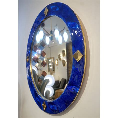 Bespoke Italian Custom Brass And Textured Cobalt Blue Murano Glass Round Cosulich Interiors