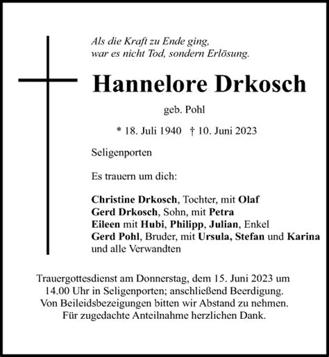 Traueranzeigen Von Hannelore Drkosch Trauer Nn De