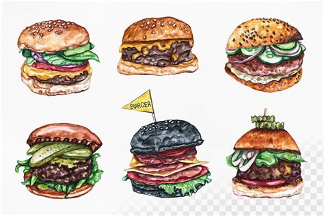 Watercolor Food Set Illustrations Burger 6 Burgers By Susik Shop