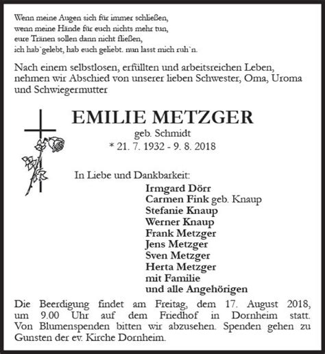 Traueranzeigen Von Emilie Metzger Vrm Trauer De