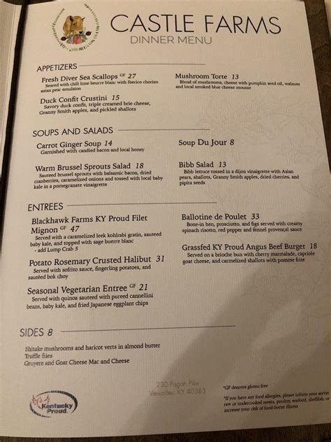 Menu At The Kentucky Castle Restaurant Usa