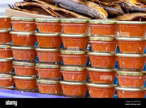 Yellow Orange Fish Roe Caviar In Glass Jar Stock Photo Alamy