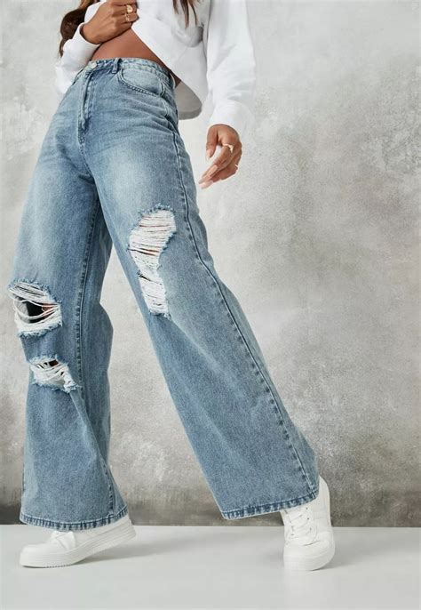 Missguided Blue Ripped Wide Leg Jeans In 2021 Wide Leg Jeans Outfit Cute Ripped Jeans Wide