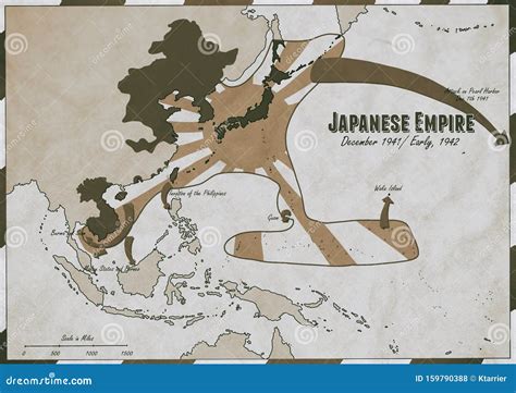 Hand Drawn Map Of Japanese Empire In Late 1941 Early 1942 Stock