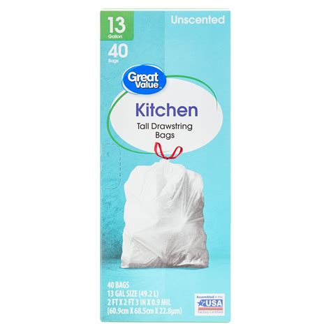 Great Value 13 Gallon Drawstring Tall Kitchen Trash Bags Unscented 40