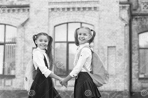 Cheerful Two School Girls Best Friends Together Outdoor Stock Photo