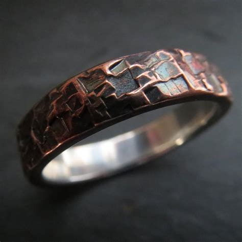 Mens Ring Wedding Unusual Rustic Steampunk Hammered Copper And Fine