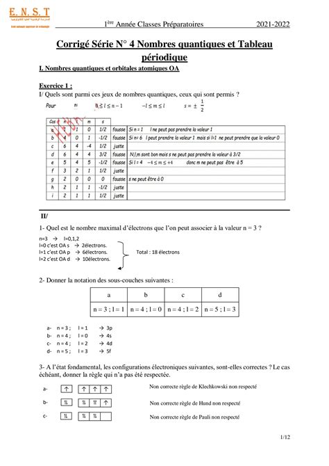 SOLUTION 8 Corrig S Ries 4 Nombre Quantique Et Tableau Periodique 1er