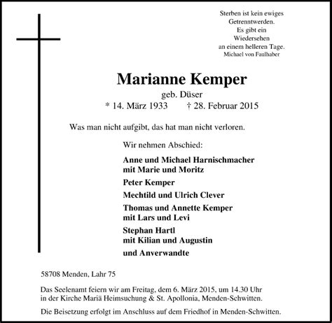 Traueranzeigen Von Marianne Kemper Trauer In Nrw De