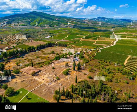 Panorama Of Temple Of Zeus At Ancient Nemea Complex In Greece Stock