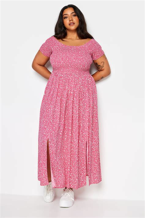 Yours Plus Size Pink Ditsy Floral Print Shirred Bardot Maxi Dress