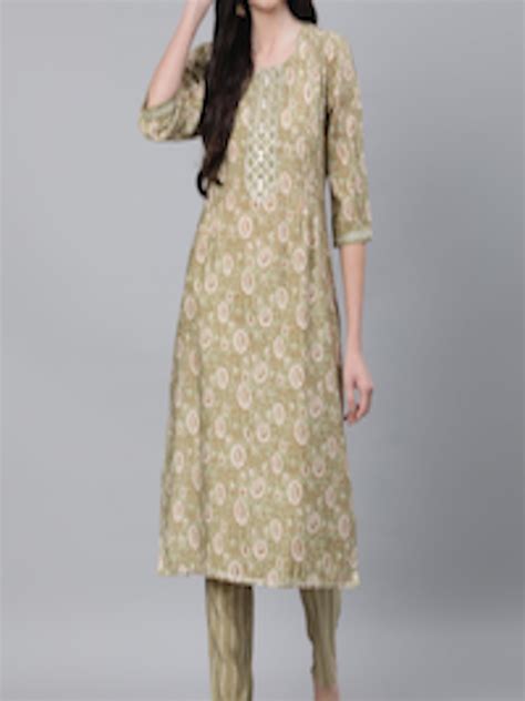 Buy Jaipur Kurti Women Green And Brown Floral Printed Chanderi Cotton