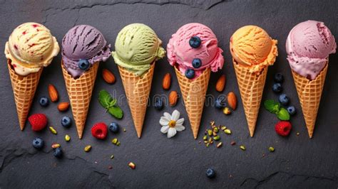 Cinco Deliciosos Helados Con Una Variedad De Sabores Imagen De Archivo