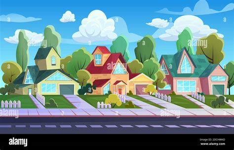 Houses on street of suburb town vector illustration. Cartoon urban ...