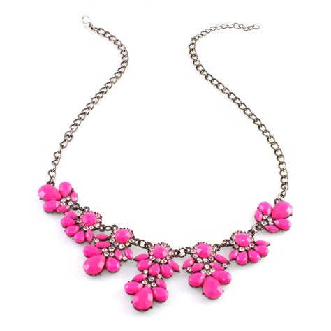 Flora Neon Pink Teardrop Crystal Flower Stone Cascade Statement Necklace