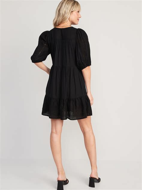 Puff Sleeve Tiered Embroidered Mini Swing Dress For Women Old Navy