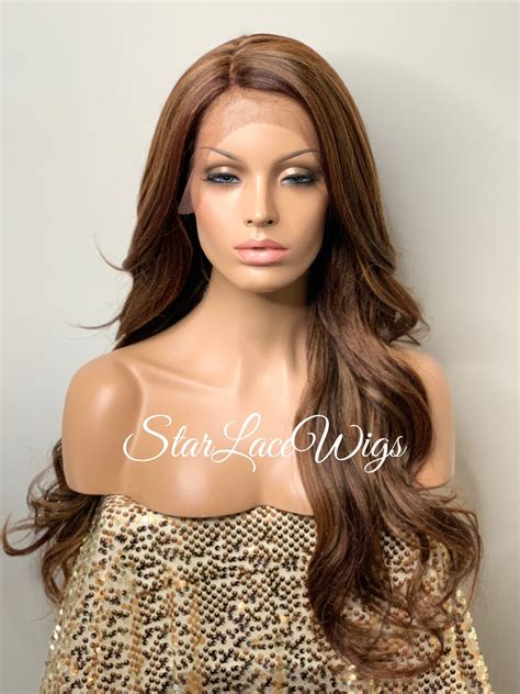 Auburn Lace Front Wig Synthetic Brown Strawberry Blonde Highlights Side Part Layers Bangs Loose