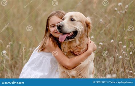 Girl With Golden Retriever Dog Stock Photo Image Of Retriever Field