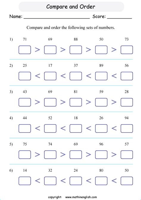 Compare And Order Numbers Up To 100 Math Worksheet For First Grade Math