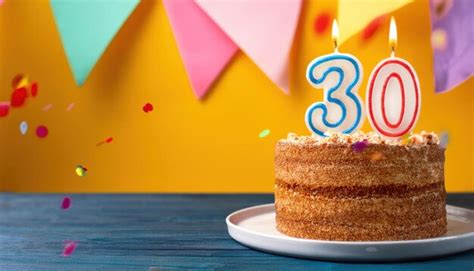 Happy 30th Birthday Cake With Candles And Vibrant Backdrop Premium Ai