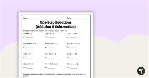 One Step Equations Addition And Subtraction Worksheet Teach Starter