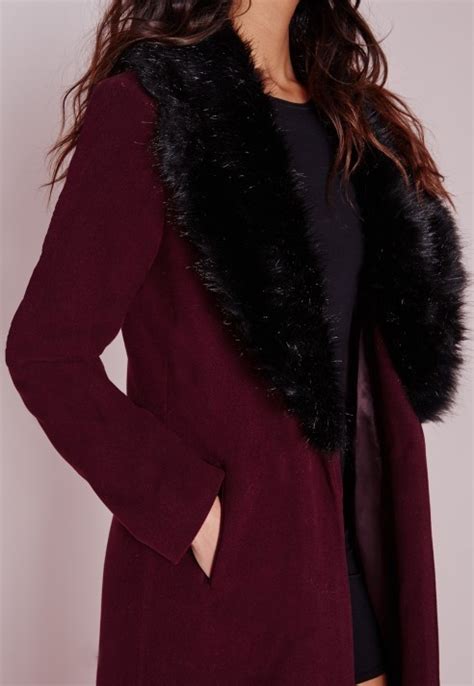 Missguided Longline Wool Coat With Faux Fur Collar Burgundy 102