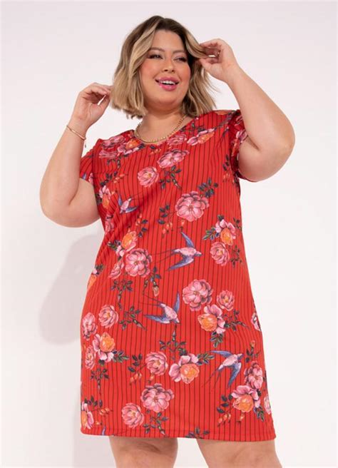 Vestido Floral Vermelho Mangas Curtas Plus Size Queima De Estoque