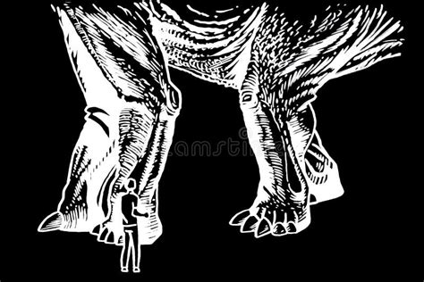 Huge Dinosaur Diplodocus And Small Man On Black Massive Legs Of Dinosaur Illustration Stock