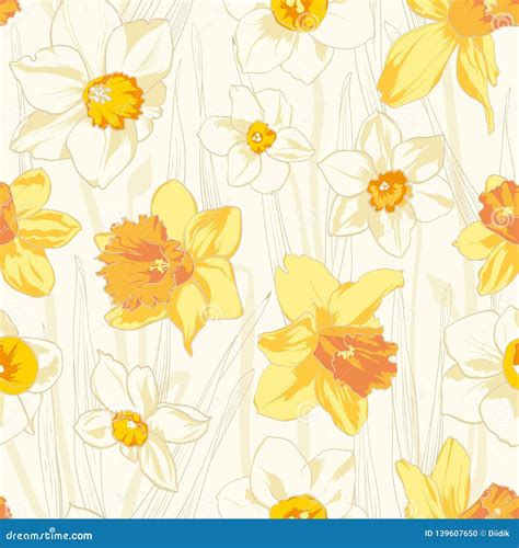 Narcissus Spring Flowers Seamless Pattern Vector Illustration Stock