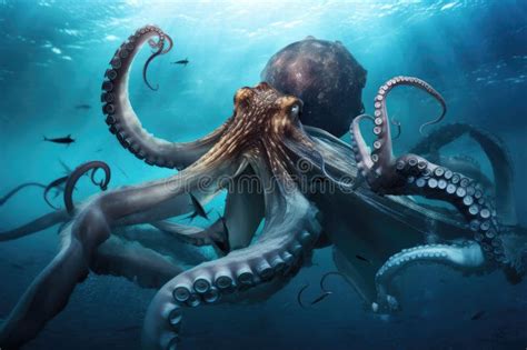 Octopus Kraken Battling With Giant Squid In Underwater Battle Stock