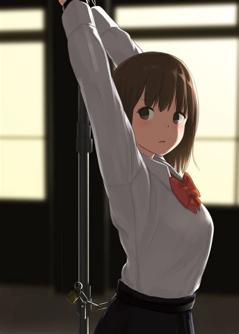 Safebooru 1girl Arms Up Bdsm Blush Bound Brown Eyes Brown Hair Chains Highres Looking Away