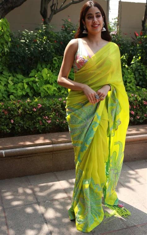 Janhvi Kapoor Looks Bright And Beautiful In Green Floral Saree For