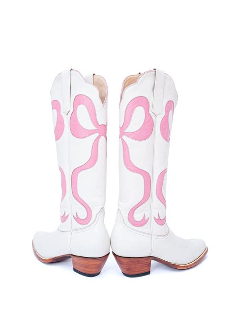 White Pointed Toe Pink Bow Inlay Knee High Cowgirl Boots With Chunky Heel