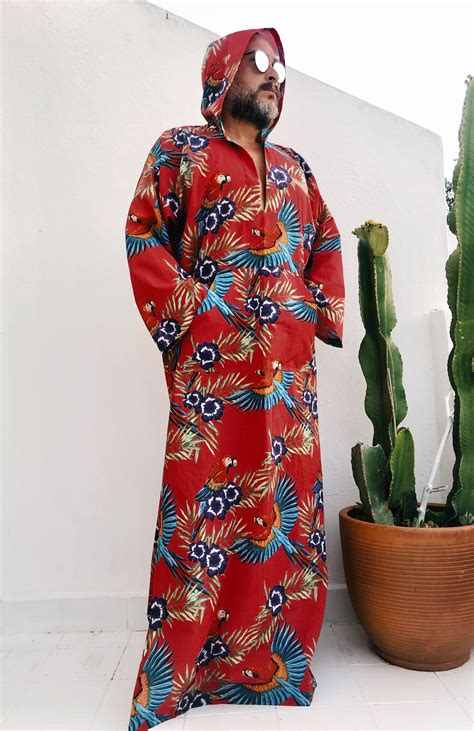 Mens Cotton Hawaiian Kaftan Hooded Kaftan For Men Palm Tree Bird