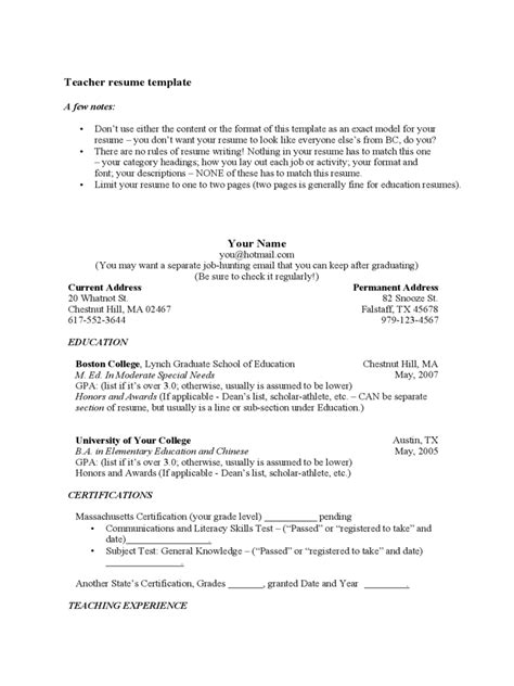 Teacher Resume Template Word Free Download