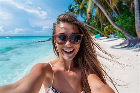 Premium Photo Attractive Woman In Sunglasses Taking Selfie Photo On