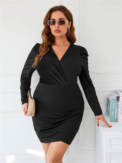 Plus Puff Sleeve Tulip Hem Bodycon Dress Shein Usa