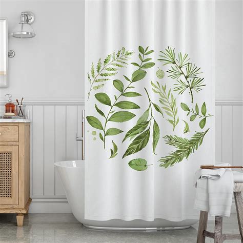 Simple Green Leaves Print Shower Curtains Plant Print Washable