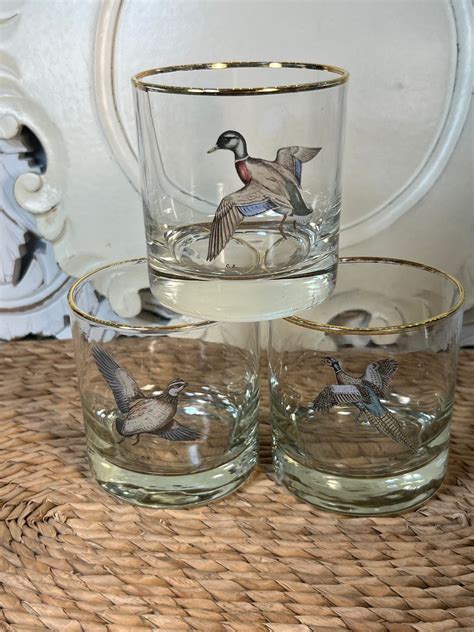 Vintage Lowball Cocktail Glasses Flying Geese Set Of Sportsman